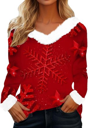 Generic Christmas Jumpers for Women Furry V Neck Christmas Sweatshirts for Women UK Fluffy Neck Ladies Novelty Tops Long Sleeve Fashion Slim Fit Pullover Ligh