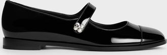 Charles & Keith Patent Pearl-Embellished Flower-Buckle Cap-Toe Mary Janes