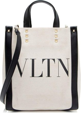 Valentino Brown Canvas Rockstud Vltn Grande Plage N/S Mini Tote (Authentic Pre-Loved)