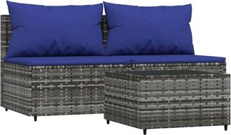 vidaXL Set De Muebles De Jard&iacute;n 3 Pzas Y Cojines Rat&aacute;n Sint&eacute;tico Gris Vidaxl