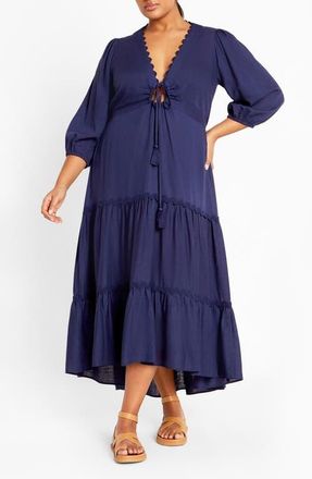 City Chic Coral Scallop Trim Tiered Maxi Dress in Navy at Nordstrom, Size Xxl