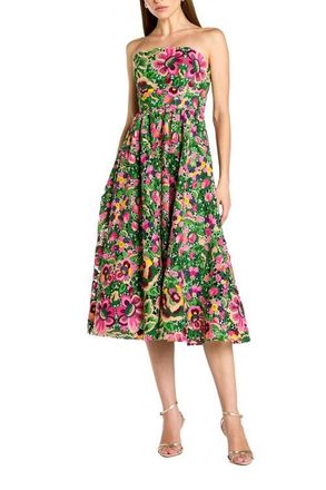 Mac Duggal Strapless Floral Embroidered Midi Dress in Green Multi at Nordstrom, Size 14