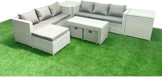 Fimous 9 Seater Garden Outdoor Rattan Furniture Set Rattan Garden Sofa Oblong Coffee Table with 3 Footstools 2 Side Tables Light Grey Mixed - Fimous