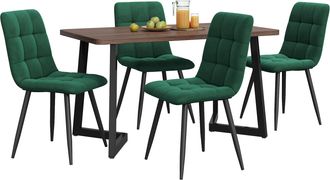 STILVORA Conjunto De Mesa Y Sillas Con 1 Mesa De Comedor Y 4 Sillas, Para Cocina Y Comedor, Mdf, Metal Y Terciopelo, Nogal Y Verde Oscuro