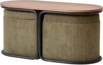 Nordlys Mesa de centro de madera con 2 otomanas de pana verde