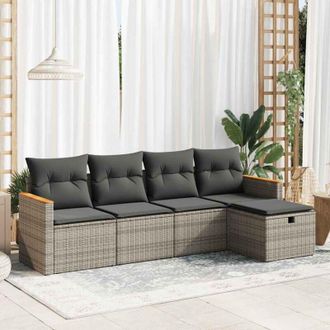 vidaXL Juego De Sof&aacute;s Jard&iacute;n Con Cojines 5 Pzas Rat&aacute;n Sint&eacute;tico Gris Vidaxl