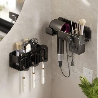 OEM Soporte De Pared Para Secadores De Pelo Y Cepillos De Dientes - Organizador Multifuncional Negro Para 3 Personas, 24 X 11 X 8 Cm