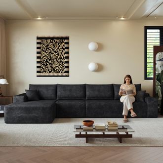 STILVORA Divano Modulare 4 Posti In Velluto A Coste Con Chaise Longue Sinistra, Senza Montaggio, Nero