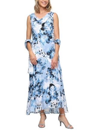 Alex Evenings Floral Burnout Chiffon Gown with Shawl in Blue Hydrangea Multi at Nordstrom, Size 12