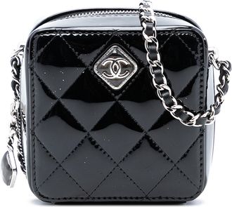 Chanel Black Quilted Patent Diamond Resin Clutch With Chain