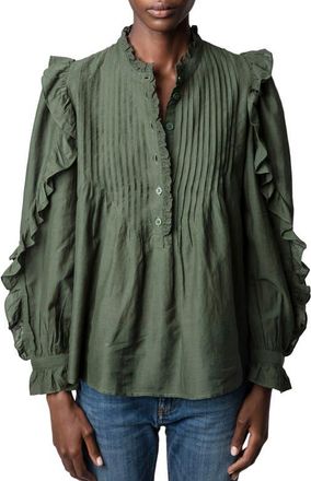 Zadig&Voltaire Timmy Tomboy Ruffle Cotton Blend Blouse in Kaki at Nordstrom, Size X-Small