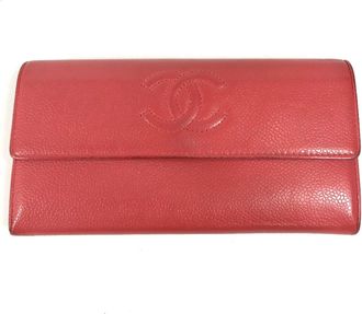 Chanel Red Color Grained Calfskin Long Wallet (Bi-Fold) (Pre-Owned)