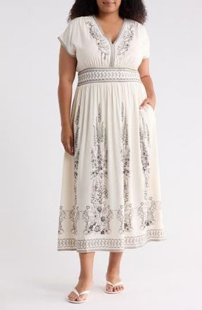 Max Studio Floral Short Sleeve Maxi Dress in Natural Floral Spikes at Nordstrom Rack, Size 2 X