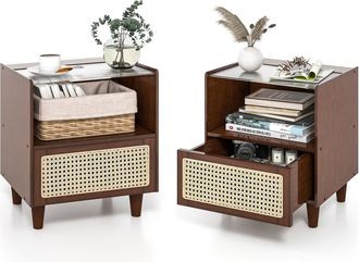 Costway Costway - Set De 2 Mesitas De Noche De Rat&aacute;n, 2 Estantes Y 1 Caj&oacute;n, Mesa Auxiliar Boho Con Caj&oacute;n Y Patas De Madera Maciza, Mesitas De Noche Dormitorio