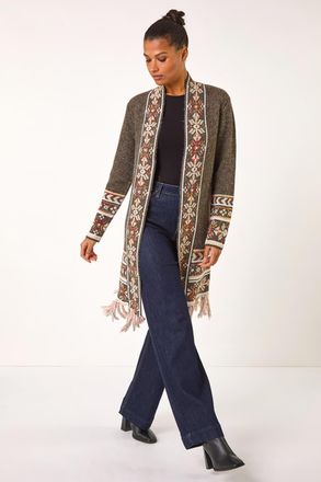 Roman Nordic Pattern Fringe Hem Cardigan