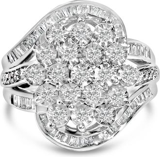 House of Brilliance Sterling Silver 1.0 Cttw Diamond Swirl Cluster Cocktail Ring