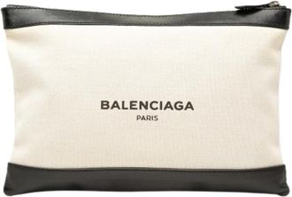 Balenciaga Pre-owned Navy Clip Clutch - Dames - Vintage Clutch - Beige - ONE Size - Leer - Vintage