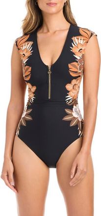 Bleu Rod Beattie Cap Sleeve Half Zip One-Piece Swimsuit in Black at Nordstrom, Size 12