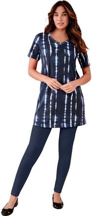 Roaman's Plus Size Ultimate Cotton V-Neck Short Sleeve Tunic in Navy Variegated Tie Dye at Nordstrom, Size 4X