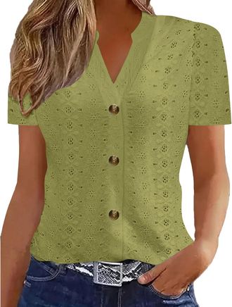 Generic Ladies Blouses, Vintage Floral Print Shirts Summer V Neck Short Sleeve Blouse Eyelet Embroidery T-Shirt Going Out Top for Women Causal Clothes Womens 