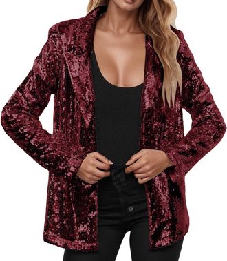 Generic Sequin Jacket for Women UK Solid Color Sparkly Glitter Long Sleeves Open Front Jacket Lapel Cardigan Casual Party Jackets Lightweight Jackets For Wome