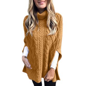 Generic Ladies Grid Knitted Wrap Polo Cowl Turtle Neck Poncho Jumper Cape Shawls Plus Size Cable Knit Sweater Turtle Neck Knitted Jumpers Knitwear Long Sleeve