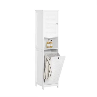 SoBuy Sobuy - Mueble Columna De Ba&ntilde;o Con 1 Cesto Para Ropa Sucia Armario Alto Para Ba&ntilde;o Estanter&iacute;as De Ba&ntilde;o Con 1 Puerta Y 3 Estantes 40 X 38 X 170 Cm Blanc