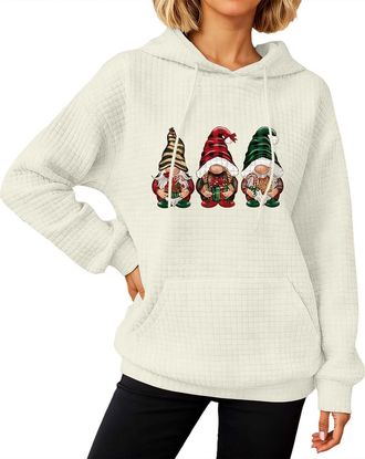 Generic Womens Christmas Hoodie UK Ladies Waffle Hooded Pullover Gnome Sweatshirt Xmas Drawstring Hoodies Snowflakes Tunic Tops Novelty Jumpers Activewear Par