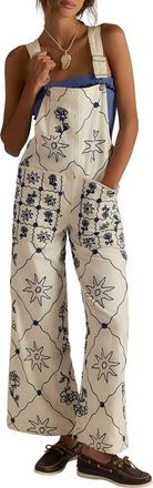 Free People Rising Sun Embroidered Wide Leg Overalls in Solar Ecru at Nordstrom, Size Medium