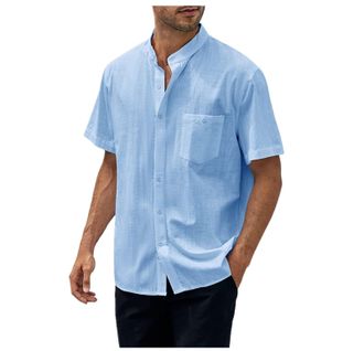 Generic Linen Short Sleeve Grandad Shirts for Men, Casual Shirts for Men Short Sleeve with Stand Collar Urban Stylish Cool Shirts Top Vintage Tropical Shirt C