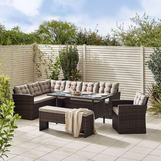 Furniturebox Marbella Textured Grey Rattan Garden Dining Set Grey Cushions 9 Seat Outdoor Sofa, Glass Table Top 145x80cm in Brown | Size: 145x80 cm