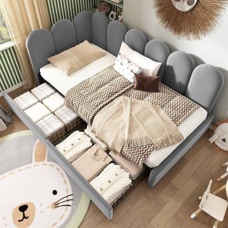 Merax Upholstered Bed Daybed With Drawers, 3FT Single Sofa Bed for Children in Grey