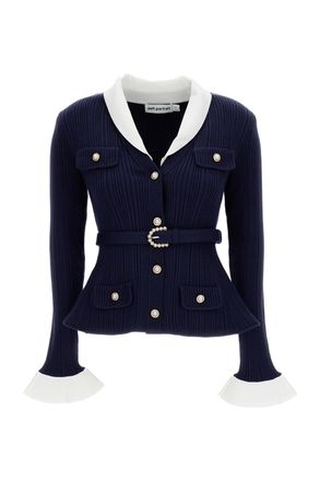 Self Portrait Blue Navy/White Ribbed Belted Cardigan