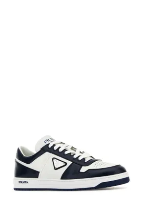 Prada Mens Two-Tone Leather Downtown Sneakers Biancobaltico Vitello