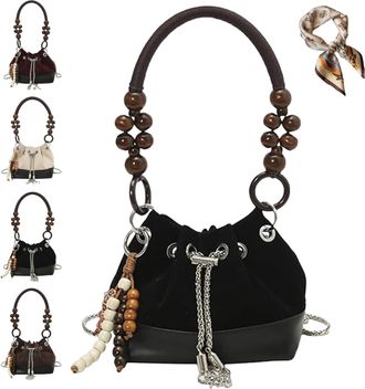 Generic Suede Beaded Drawstring Bucket Bag, Charm Retro Shoulder Bag with Chain, Trendy Versatile Lightweight Handbag (Black)