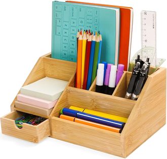 OEM Organizador De Escritorio De Bamb&uacute; Con Caj&oacute;n: Portal&aacute;pices, Bandeja Y Almacenamiento Multifuncional Para Art&iacute;culos De Papeler&iacute;a