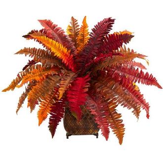 Nearly Natural Autumn Boston Fern Artificial Plant in Metal Planter in Red/orange at Nordstrom