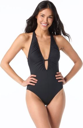 Vince Camuto Shirred Plunge Neck One-Piece Swimsuit in Black at Nordstrom, Size 10