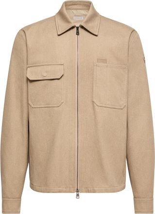 Moncler Moncler Leather Logo Cotton Shirt Jacket, Men, Beige, Size: 3xl