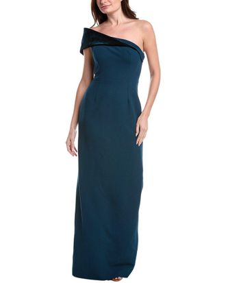 Teri Jon by Rickie Freeman Crepe Off Shoulder Velvet Bow Back Gown