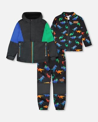 Deux par Deux 3-in-1 Two-Piece Dinosaur Print Mid-Season Outerwear Set in Black Dinosaur Print at Nordstrom, Size 24M