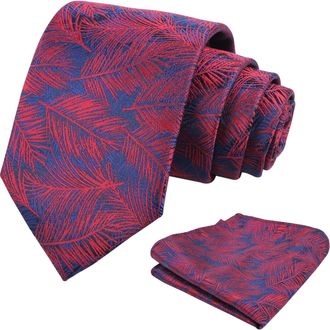 Alizeal Mens Leaves Pattern Tie and Hanky Elegant Romantic Wedding Party Necktie and Pocket Square Set, Navy+Burgundy