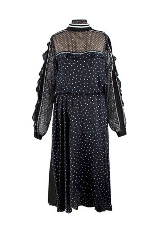 sacai Navy Polka Dot Long Sleeve Midi Dress Size M