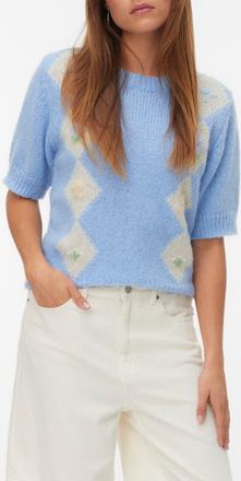Vero Moda Madden Floral Argyle Plaid Short Sleeve Sweater in Brunnera Blue at Nordstrom, Size X-Small