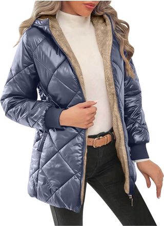 Generic Yolimok Ladies Winter Coat Long Padded Parka Warm Hooded Trench Coat Padded Jacket with Metallic Glitter Outdoor Jacket Windproof Outerwear with Hood 