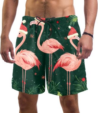 Generic Mens Swim Shorts with Pockets Quick Dry 3D Print Swimming Trunks Cute Christmas Flamingos Wear Santa Hats Casual Surf Board Shorts for Summer Multicol