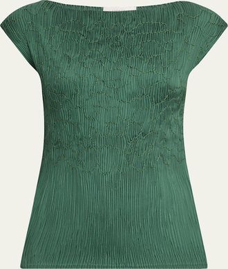 Lafayette 148 New York Cap-Sleeve Embroidered Plisse Blouse