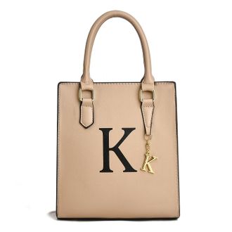 I Ihayner Women Tote Bag Personalized Initial Top Handle Bag for Women Small Leather Handbags with Letter Pendant, Khaki-k, Medium