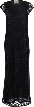 Semicouture Black Crewneck Long Dress With Fishnet Design And Matching Underdress In Cotton Woman