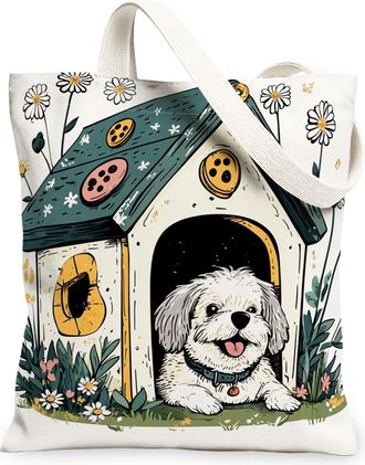 Generic Spring Maltese Dog Canvas Tote Bag for Shopping 13x15, Fun Flower Puppy Kennel Reusable Grocery Print Pattern Bag for Women, Cute Pet Beach Aesthetic 